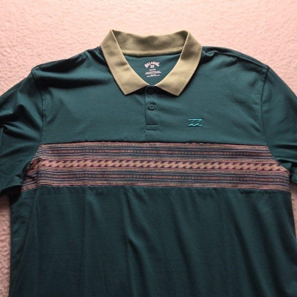 Billabong Mens XL Short Sleeve Polo Shirt Teal Green Wave Print 24A0132501